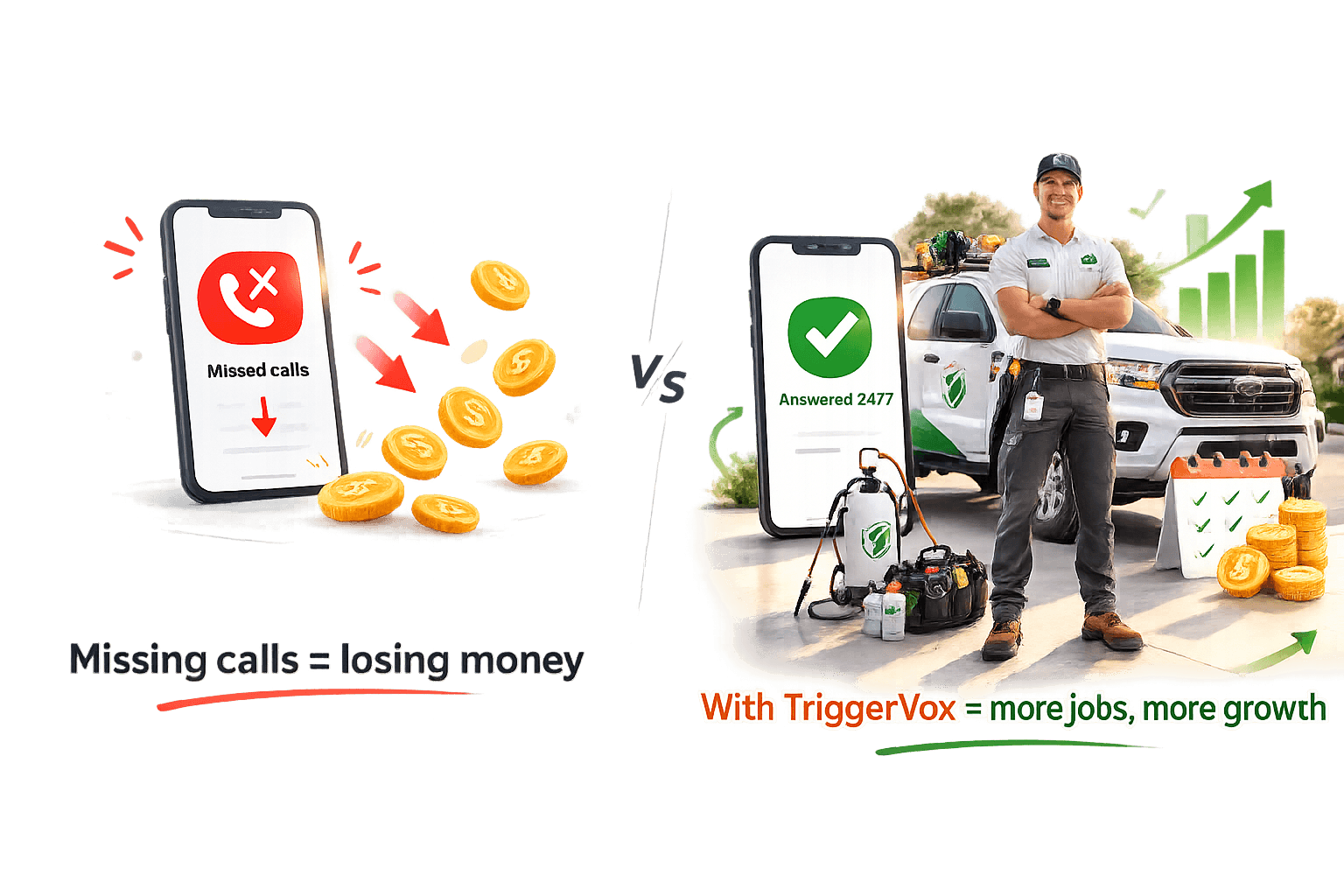 Missed calls mean lost revenue; TriggerVox answers 24/7 so you book more pest control jobs